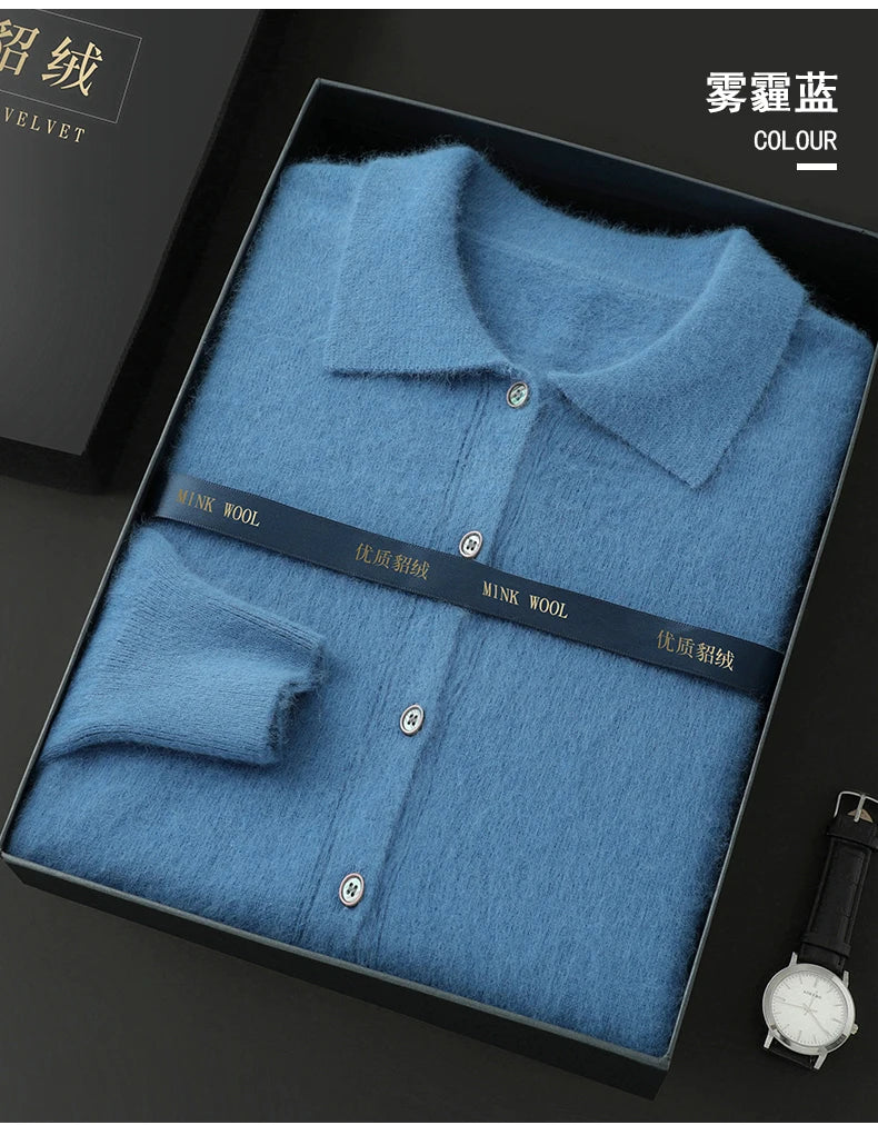 100% Pure Mink Cashmere Sweater Men's POLO Collar Wears Thick Button-Down Lapels And Solid Color Casual Knitted Bottoming Shirt