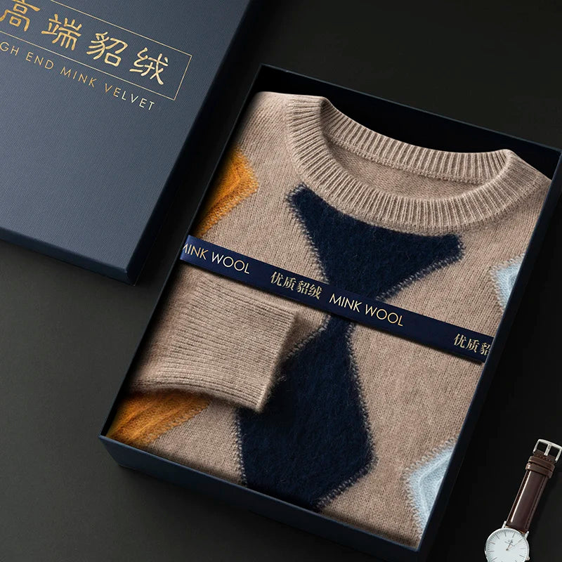 Autumn And Winter Mink Cashmere Sweater Men's Round Neck Thick Sweater Color Matching Business Jacquard Knit Bottoming Shirt