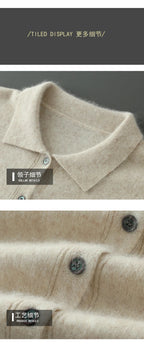 100% Pure Mink Cashmere Sweater Men's POLO Collar Wears Thick Button-Down Lapels And Solid Color Casual Knitted Bottoming Shirt