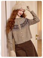 LOUIS YAO Jacquard Color Contrasting Cardigan 2025 Autumn/Winter Knitwear Christmas Day Casual Round Neck Women's Knitted Shirt