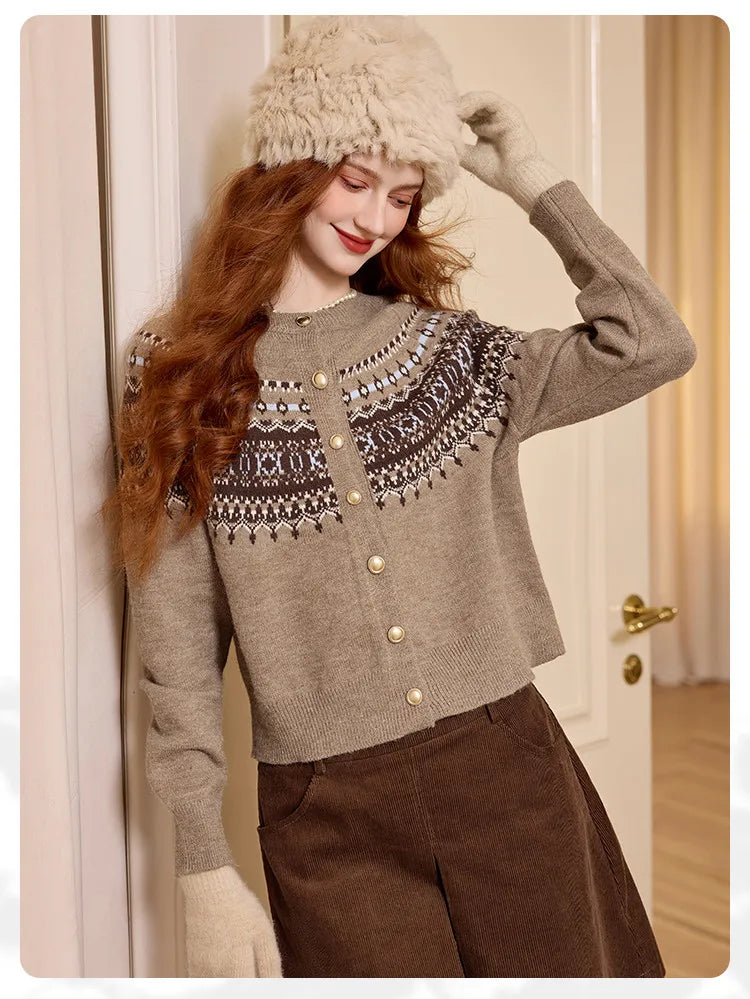 LOUIS YAO Jacquard Color Contrasting Cardigan 2025 Autumn/Winter Knitwear Christmas Day Casual Round Neck Women's Knitted Shirt