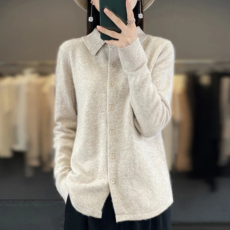 100% Mink Cashmere POLO Collar Women's Sweater Cardigan Solid Color Thick warm Cardigan Sweater For Women 2023 Autumn/Winter New