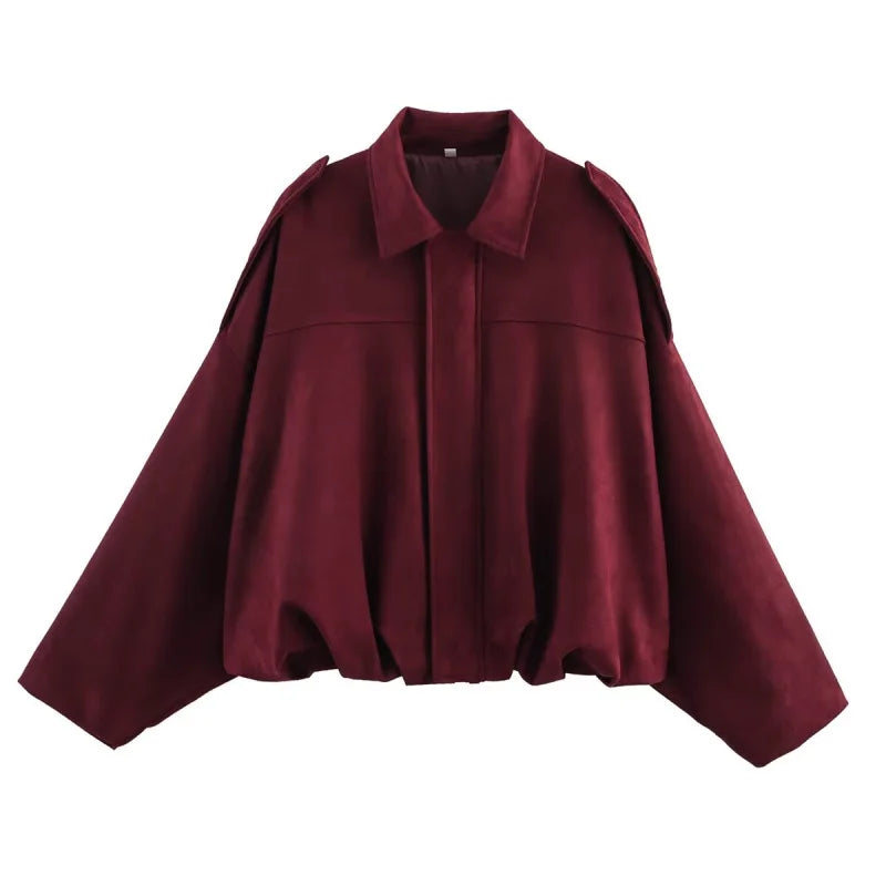 ETJ 2025  Spring new women's suede texture effect Loose version of fashion lapel shoulder bomber jacket