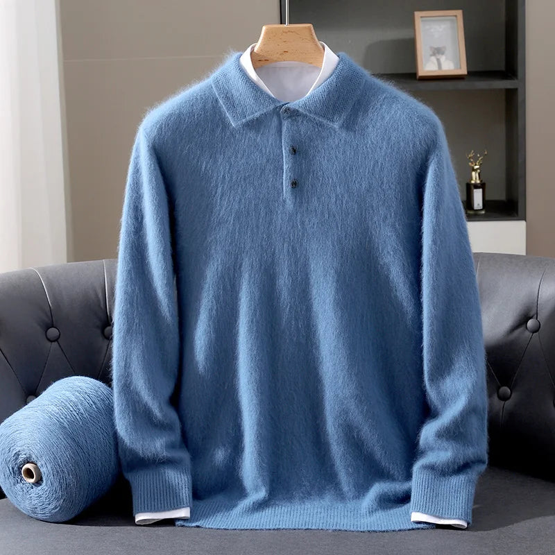 2025 Autumn And Winter New Men's Mink Wool Sweater POLO Collar Pullover Business Thick Warm Loose Oversized Knitted Sweater Tops