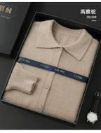 100% Pure Mink Cashmere Sweater Men's POLO Collar Wears Thick Button-Down Lapels And Solid Color Casual Knitted Bottoming Shirt