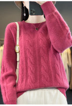 Women's 100% Pure Cashmere Sweater round Neck Twist Thick Loose Long Sleeve Bottoming Shirt for Autumn And Winter