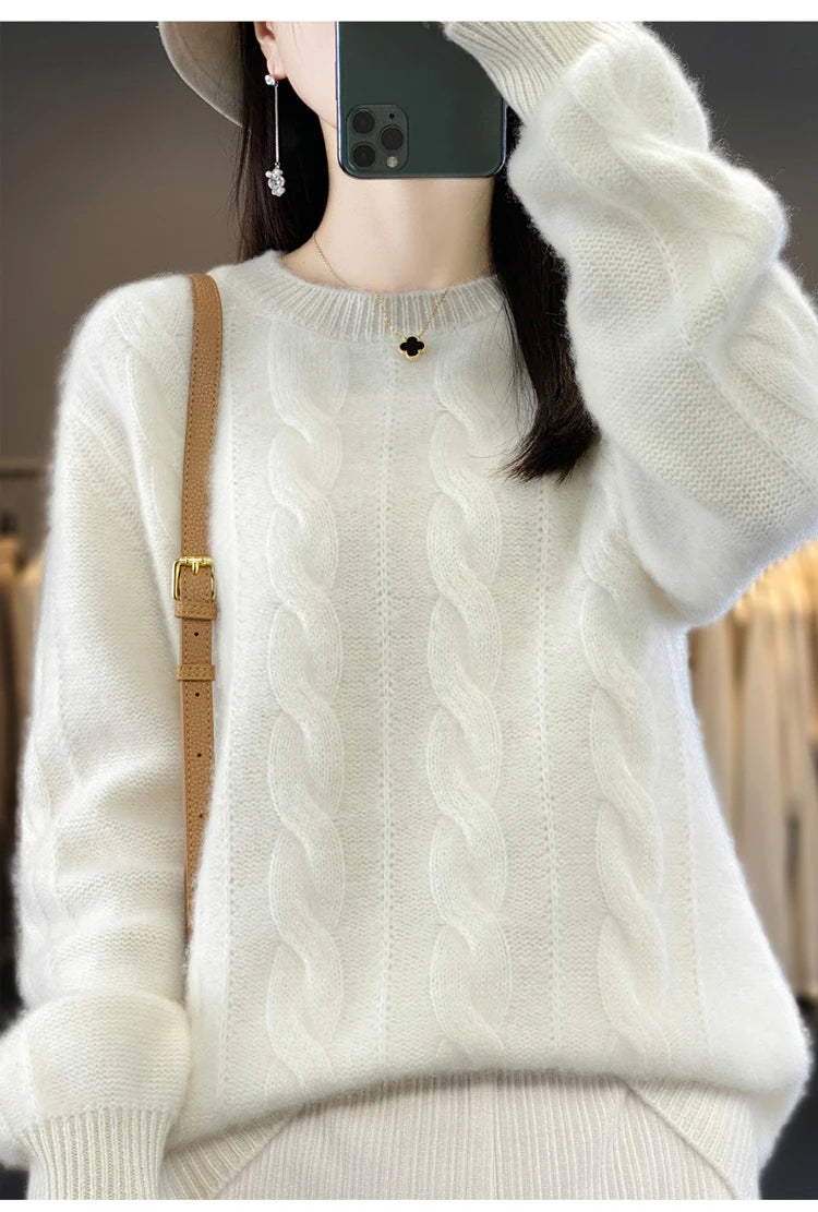 Women's 100% Pure Cashmere Sweater round Neck Twist Thick Loose Long Sleeve Bottoming Shirt for Autumn And Winter