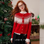 LOUIS YAO Jacquard Color Contrasting Cardigan 2025 Autumn/Winter Knitwear Christmas Day Casual Round Neck Women's Knitted Shirt