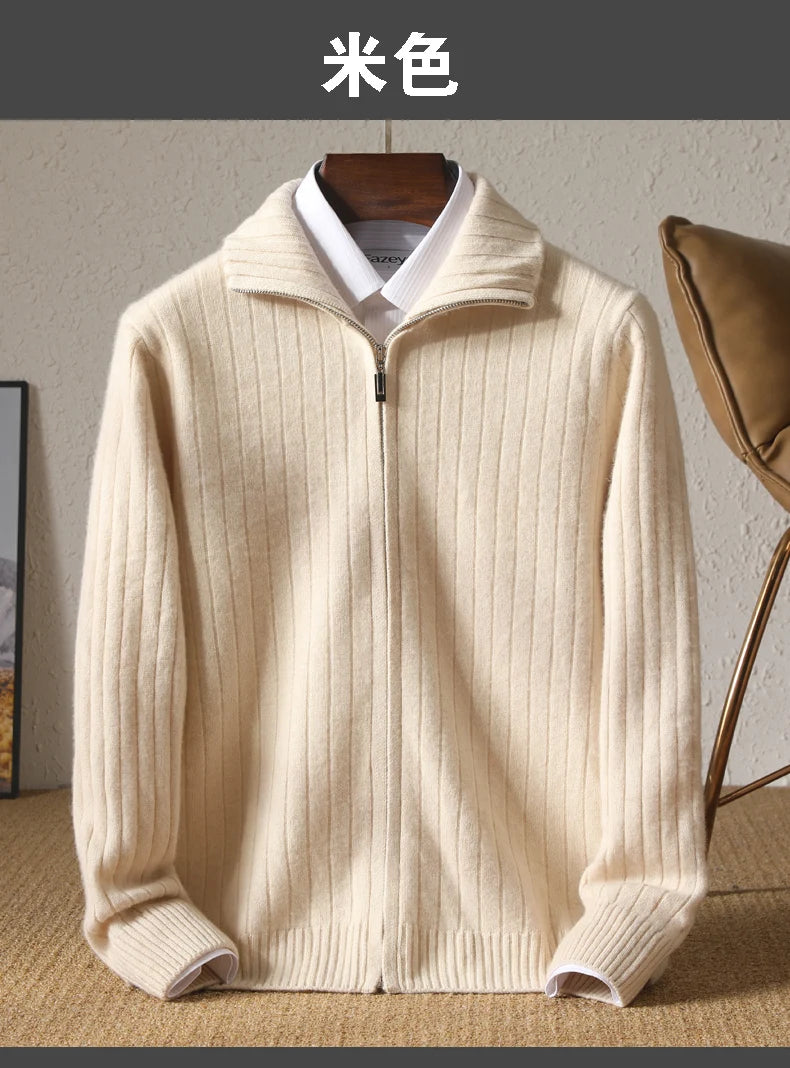 Men 100% Merino Wool Stand-Up Collar Cardigan Casual Knit Business Zipper Coat Autumn Winter Versatile Warm Men Cashmere Jacket