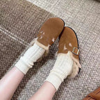 New Women Slippers Fur Flats Short Plush Mules Shoes Women Fashion Buckle Soft Sole Cotton Shoes Suede Home Warm Slippers Mules