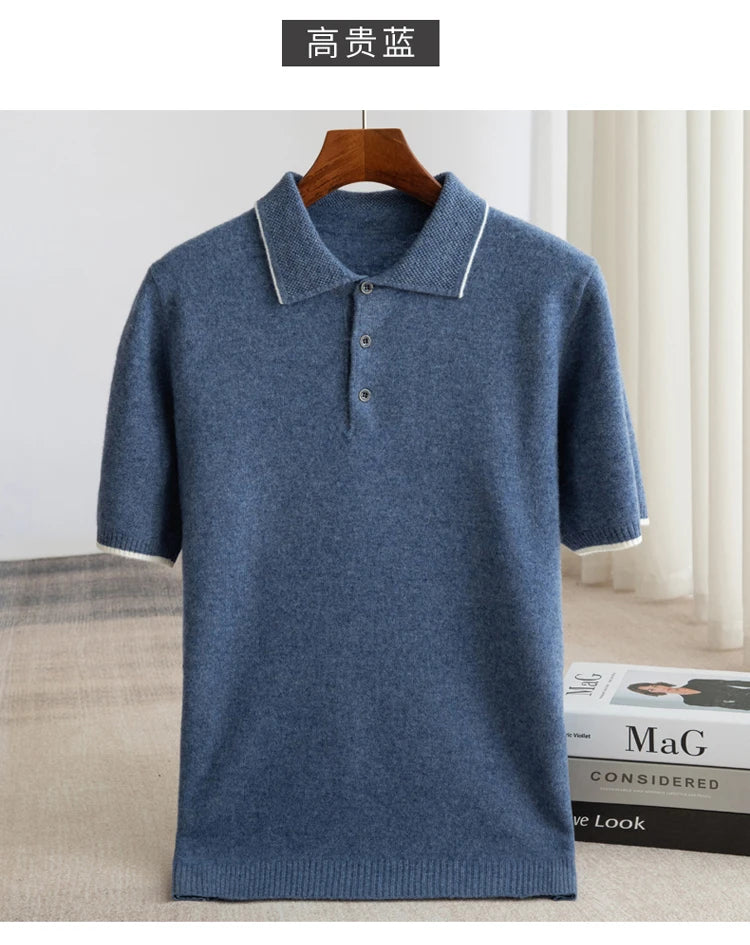 100% Merino wool men's lapel short sleeved sweater T-shirt new knitted casual business men's pullover sweater wool T-shirt summe