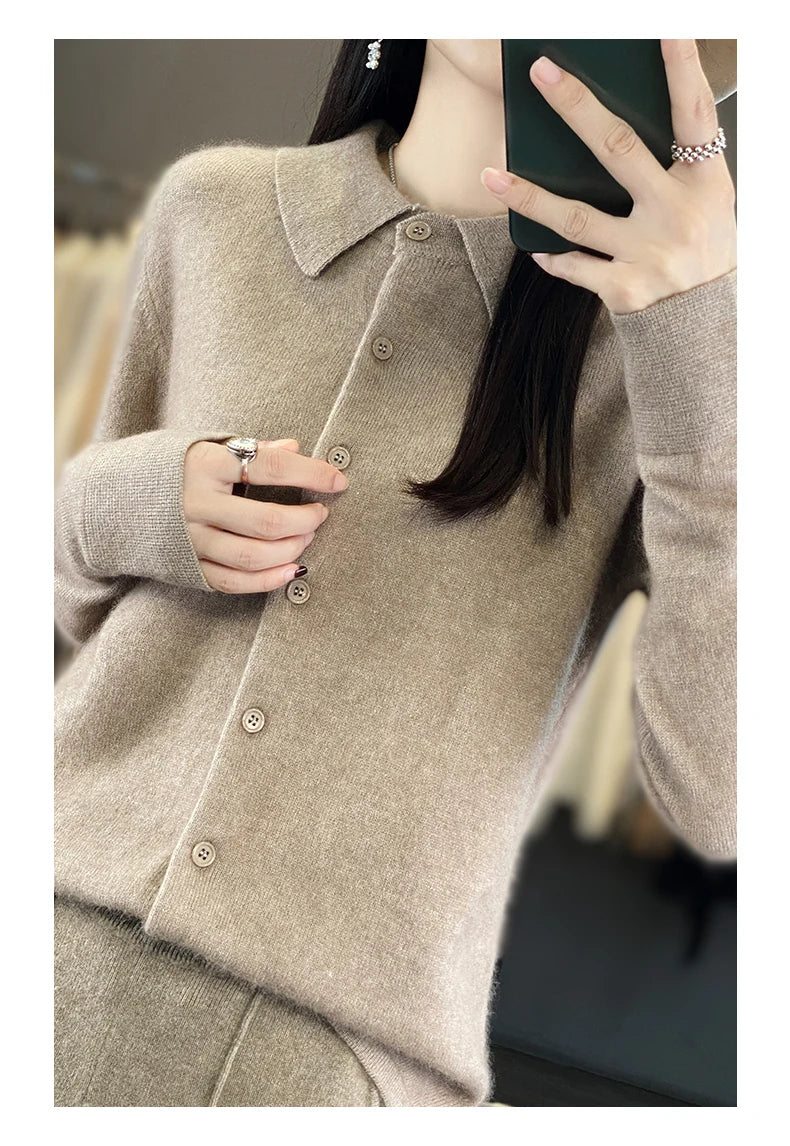 100% Mink Cashmere POLO Collar Women's Sweater Cardigan Solid Color Thick warm Cardigan Sweater For Women 2023 Autumn/Winter New