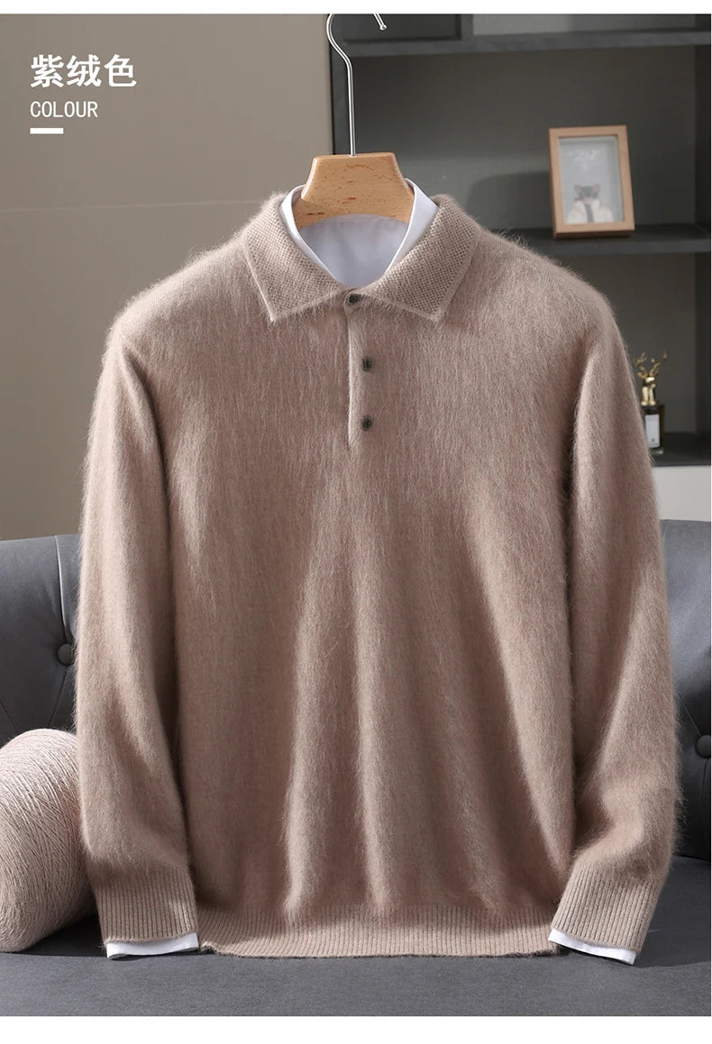 2025 Autumn And Winter New Men's Mink Wool Sweater POLO Collar Pullover Business Thick Warm Loose Oversized Knitted Sweater Tops