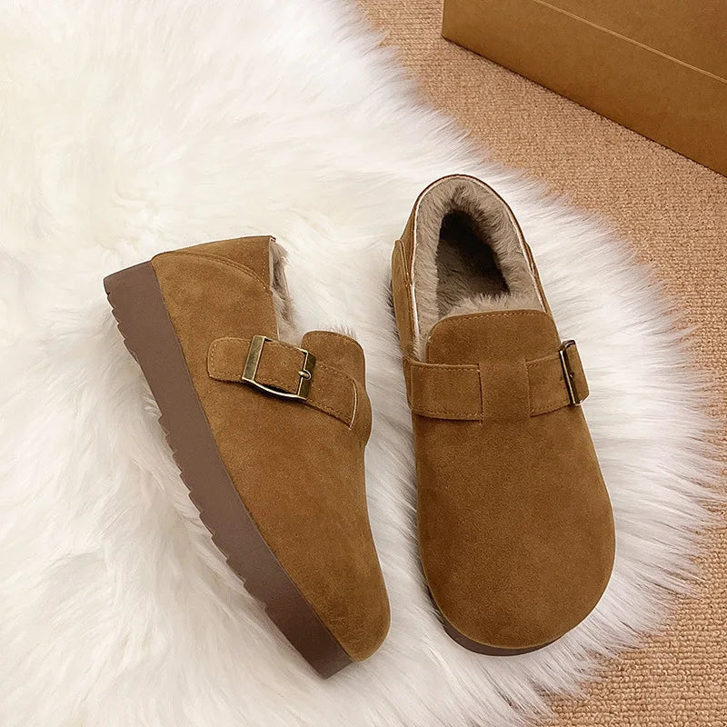 Classic Belt Buckle Loafer Woman Spring/Winter Cotton Fur Lined Flats Barefoot Shoes Ladies Cozy Slip on Driving Mocasines Femme