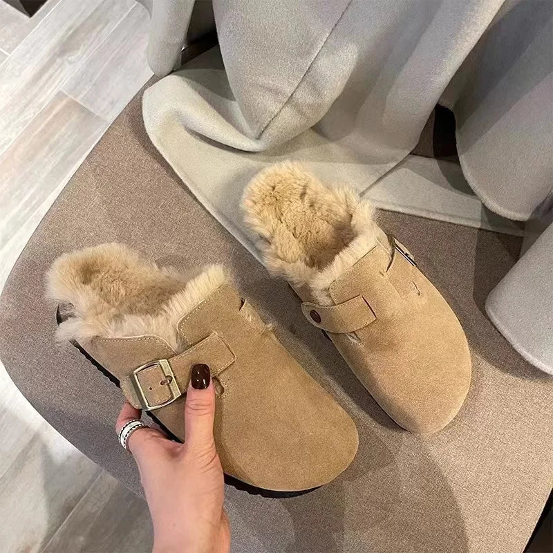 New Women Slippers Fur Flats Short Plush Mules Shoes Women Fashion Buckle Soft Sole Cotton Shoes Suede Home Warm Slippers Mules