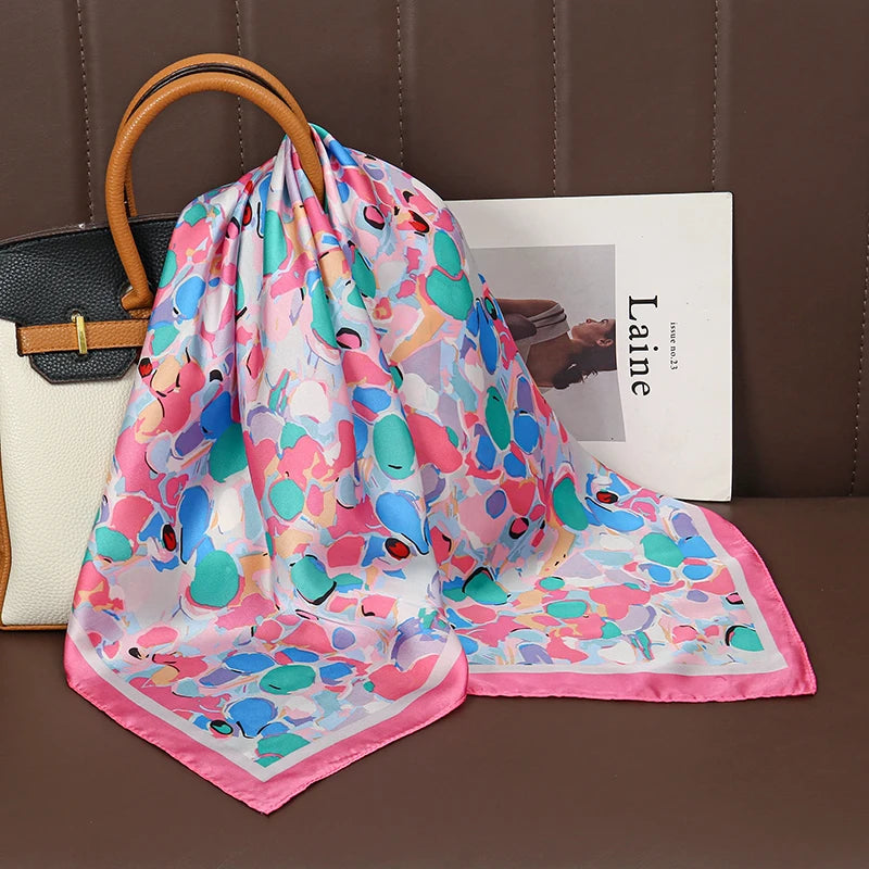 Luxury Print Satin Silk Square Scarf for Women Shawl Hijab Neckerchief Female Hair Ribbon Headband Fashion Wrap Bandana 2023 New