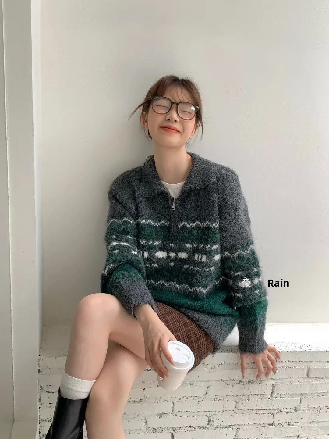 Retro Fair Isle f Zip Knitted Sweater Luxury Woolen Outerwear Soft Long Sve  Ne Warm Thiened Winter Faion