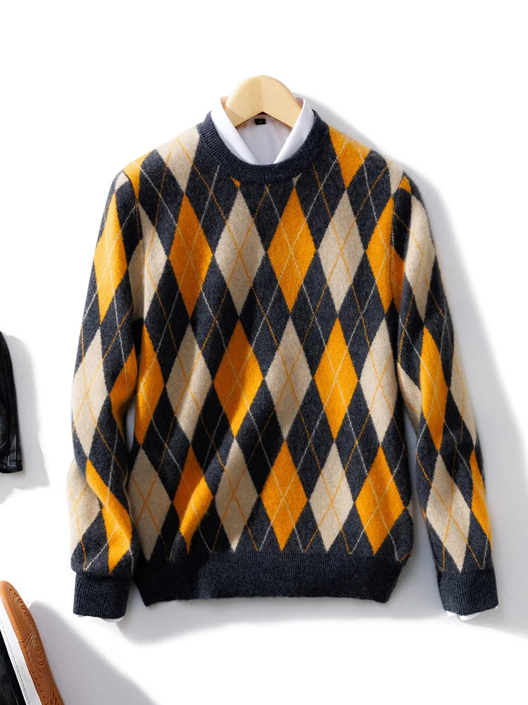 New 100% Pure Wool Cashmere Men's O-neck Pullover Autumn And Winter Color Matching Top Casual Thick Fashion Large Size Jacket